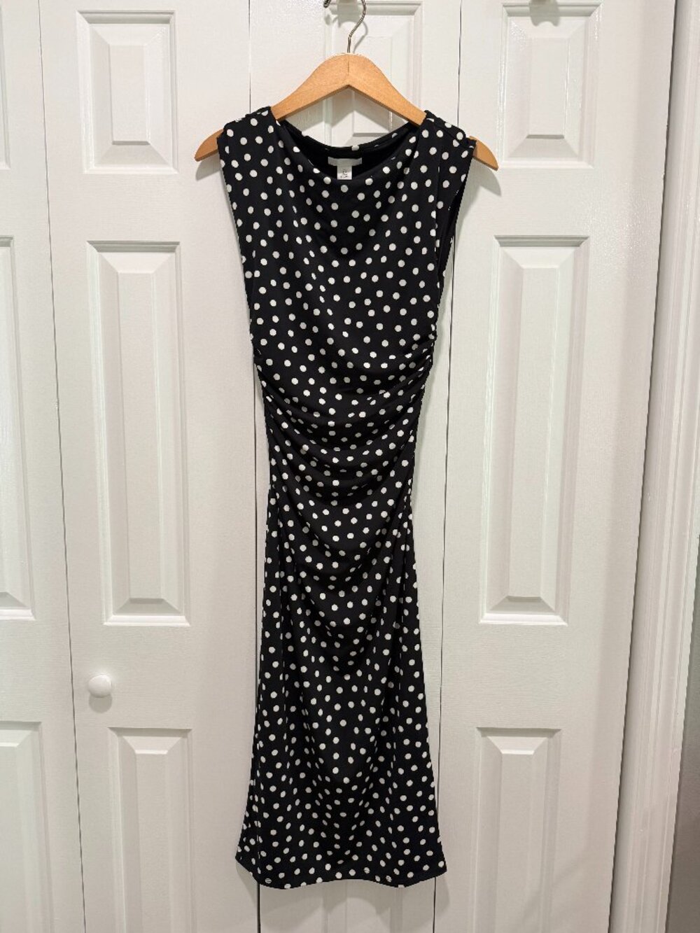 H&M Black & White Polka Dot Ruched Midi Dress | Size Small